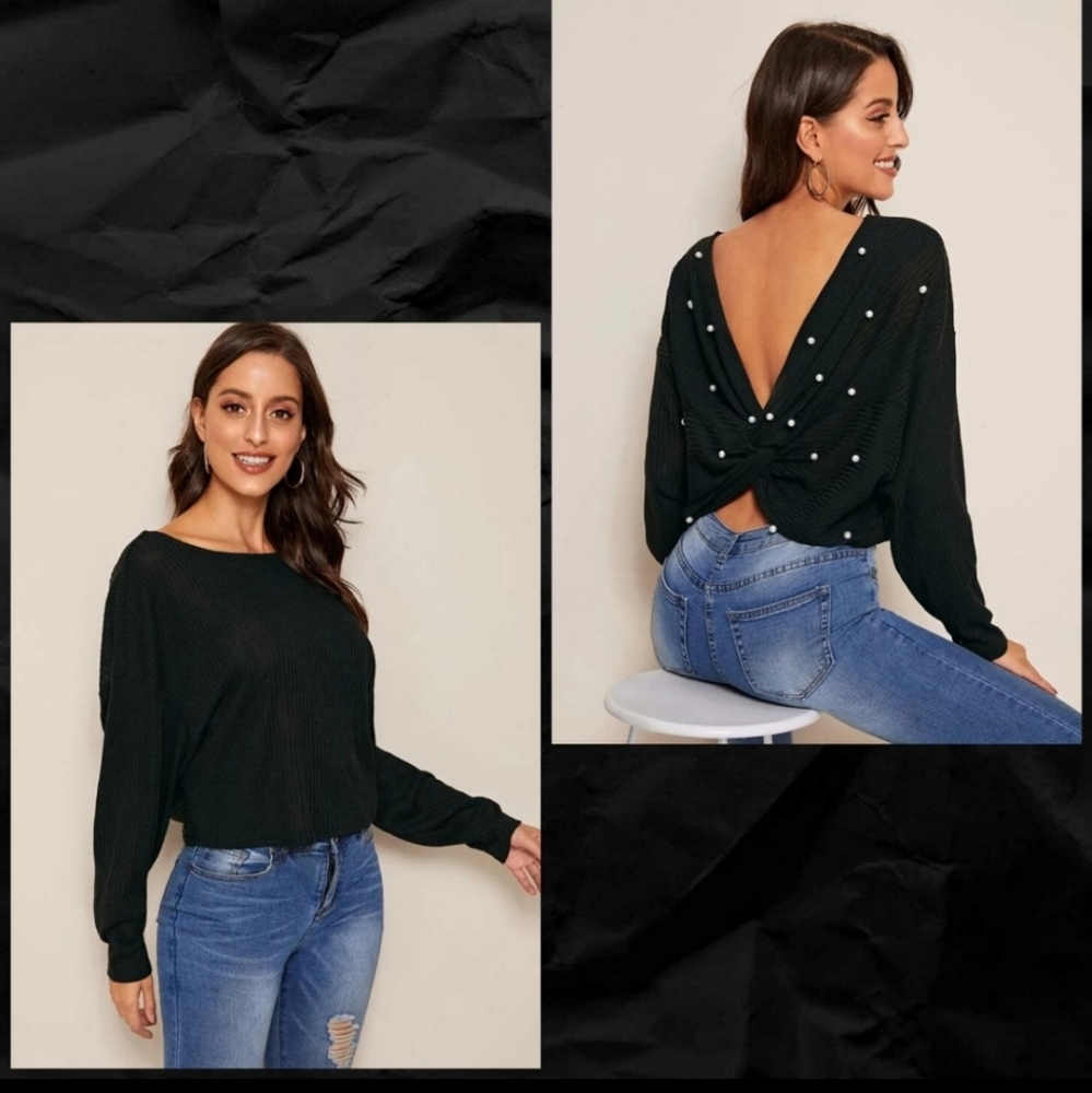 Sexy black low back sweater pearl accents - Picture 4 of 5